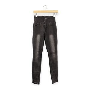 Missguided High Rise Washed Black Faded Denim Button Fly Skinny Jeans Size 4